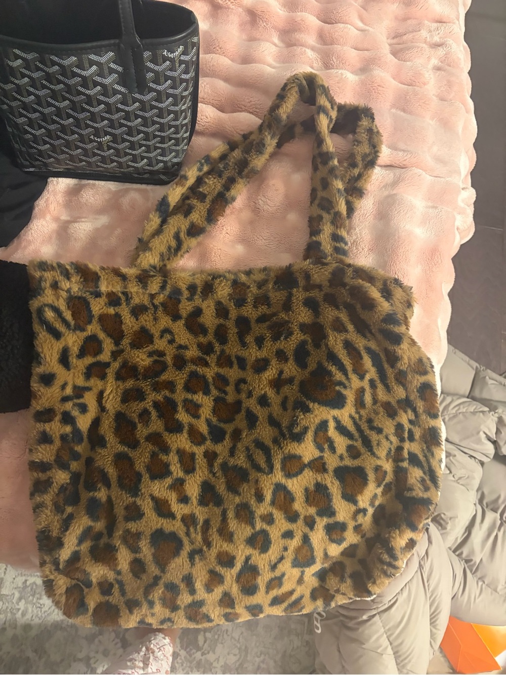 Faux Fur Leopard Print Tote Bag - Brown